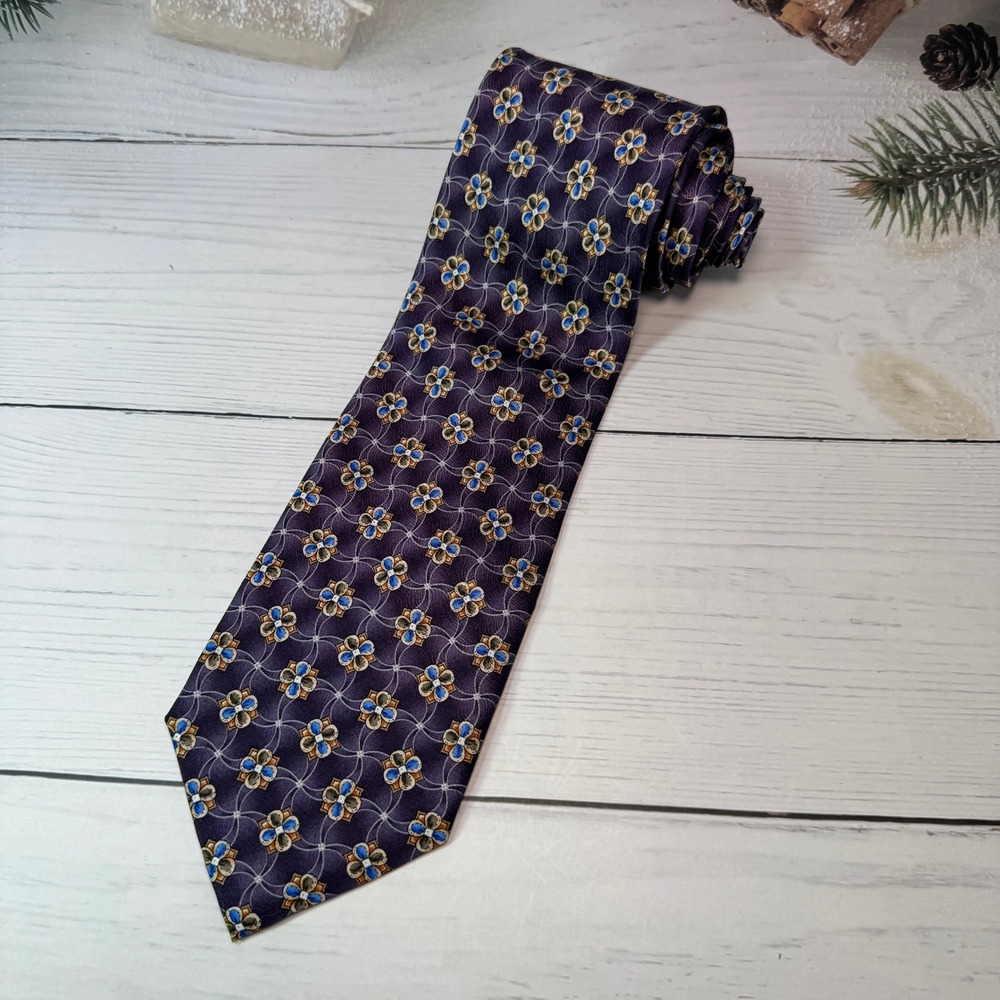 VTG Meeting Street 100% Silk Tie Mens Purple Blue Gold Floral Medallion 90s Y2K